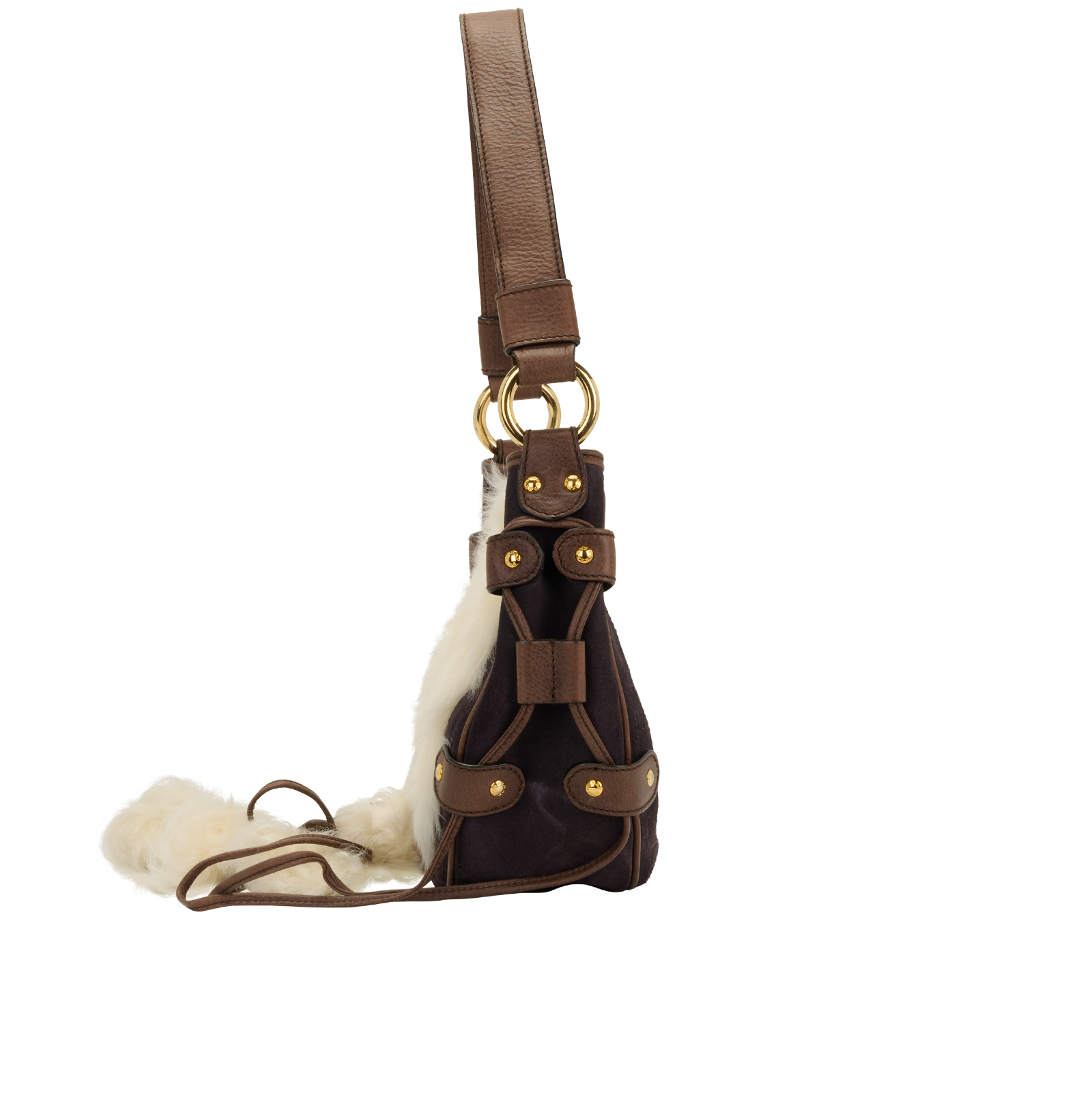 Furry PomPom Shoulder Bag, &pound;190, Handbags, Brown, Suede, Bottom view